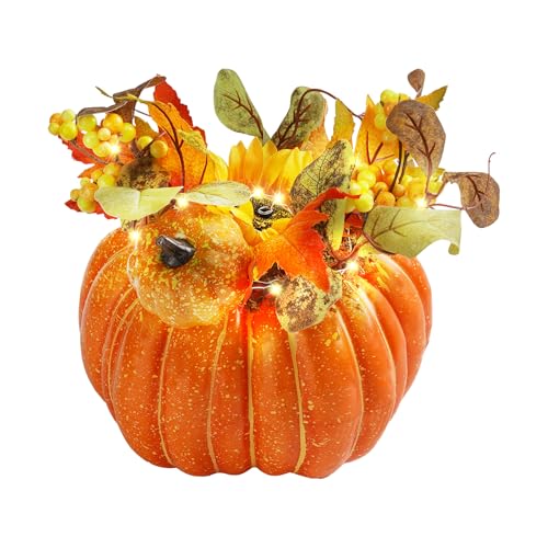 YOUNGLEAVES Thanksgiving Decorations Artificial Pumpkins, 8.5 Inches Large Fake Pumpkin, Fall Harvest Table Centerpieces, Faux Foam Pumpkin with Light for Indoor Outdoor Porch Kitchen