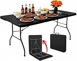 Mesa Dobrável 1,80m Vira Maleta Portátil Preto Em Aço e Polietileno Durável Para Camping Pesca Jardim Festas Uso Externo Interno Com Alta Resistencia e Fácil Transporte (Preta)