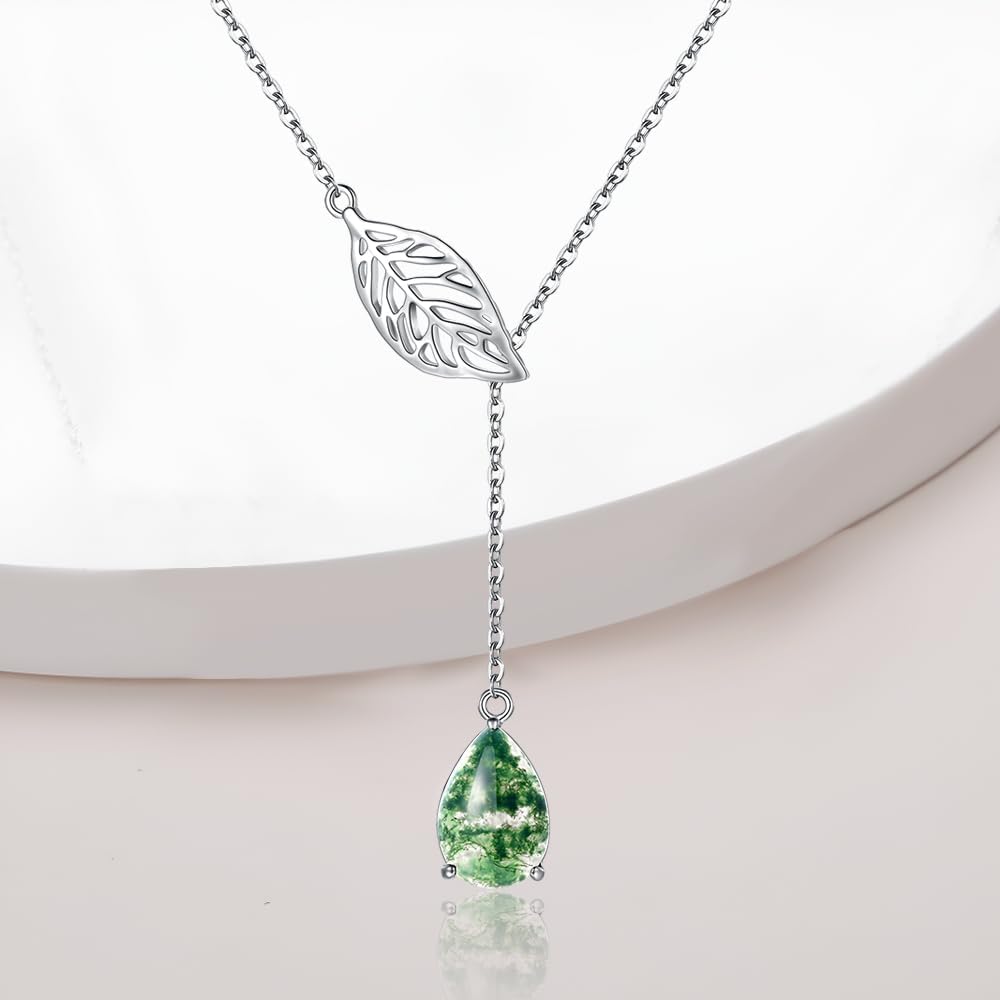 Leaf Necklaces for Women Y Lariat Moss Agate Necklace Sterling Silver Leaf Pendant Moss Agate Chain Drop Trendy Jewelry Gifts - Image 8