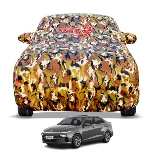 Image of Premium Car Cover for Hyundai's Verna 2023-2026 Models | Waterproof, UV & Dust Protection | Mirror & Antenna Pocket | Triple Stitched, Soft Inner Lining, Belt & Buckle (Jungle Print)