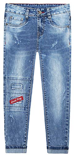 KIDSCOOL SPACE Big Junior Girls Ripped Denim Pants,Patched Slim Jeans,Blue,9-10 Years