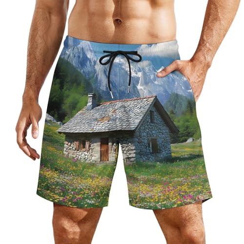 Mountain Cabin View Mens Swim Trunks Quick Dry Beach Board Shorts with Pockets