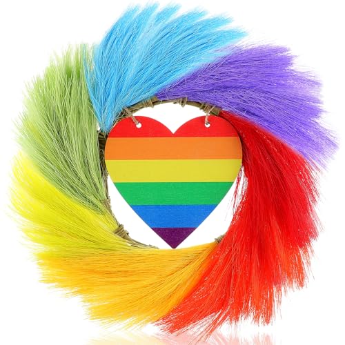 Hoteam Pride Rainbow LGBTQ Wreath for Front Door Faux Pampas Grass Wreaths Artificial Rainbow Love Pampas Gay Heart Shape Sign Decorations for Wall Decor Indoor Outdoor Home Porch Decoration