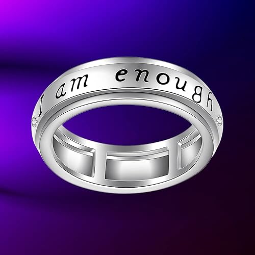 Miniatura 6 de Anillo giratorio para ansiedad de plata de ley con giro de preocupación a juego con la promesa de compromiso I Am Enough Spinner Fidget anillos para