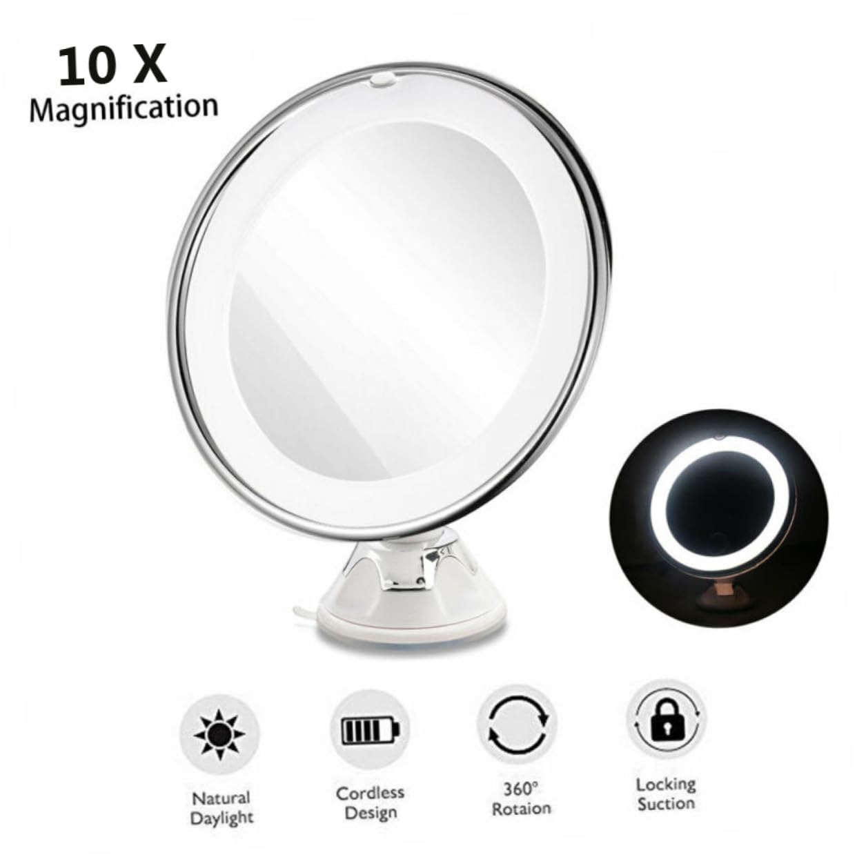 COLLBATH Espejo Cosmético LED Aumento Luz Espejo de Tocador con Ventosa para Baño Portátil para Maquillaje y Cuidado Personal