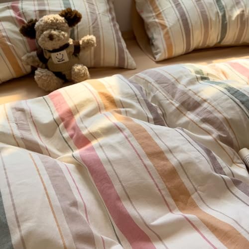 Image of MKXI Washed Cotton Duvet Cover Set Retro Stripes in Autumn Palette 3-Piece Vintage-Style Bedding with Secure Zipper & Ties, for Nostalgic Bedrooms, Dorms & Cozy Spaces (Full Size)