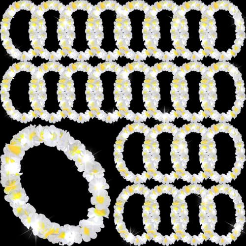Sherr 24 Pcs LED Leis Light Up Wedding Hawaiian Leis Flower Necklace with LED Lights Beach Tropical Carnival Party Wedding Supplies Luau for Masquerade
