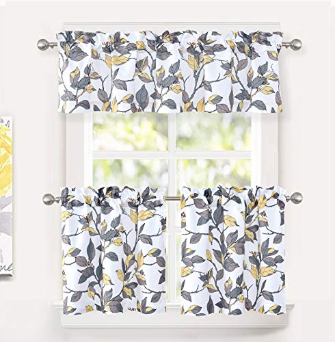 Driftaway Ryan Sketch Floral Branch Pattern Semi Sheer 3 Pieces Rod Pocket Kitchen Window Curtain Set With 2 Tiers 29 Inch By 24 Inch Each And 1 Valance 58 Inch By 14 Inch Yellow Gray #TOP6