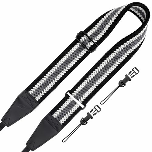 Image of Padwa Lifestyle Extra Long Adjustable Camera Strap for Photographers - 2 inch Wide Full Grain Cowhide Leather Ends Camera Straps with Quick Release for All Cameras,Binoculars(Stripe Gray Black White)