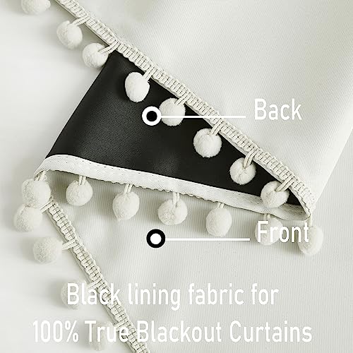 Image of Ivory Full Blackout Curtains for Living Room Bedroom 95 inch Energy Saving Window Curtains Ivory / Beige Pom Pom Thermal Insulated Curtain Panels for Baby Nursery Girl's Room 52 inchW Rod Pocket 1 Pair