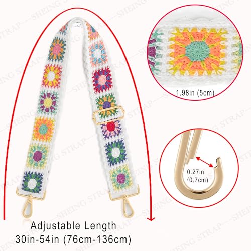 Image of Crochet Flower Purse Strap, Knit Replacement Crossbody Wide Adjustable Shoulder Strap for Bag Handbag- Boho Style(White 01)