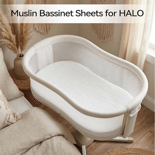 Image of Muslin Bassinet Sheet Compatible with Halo BassiNest Swivel Sleeper - 100% Cotton Hourglass & Peanut Shape Mattress Pad Cover (30 inchx18 inch), Breathable & Soft, Boho (1 Pack White)