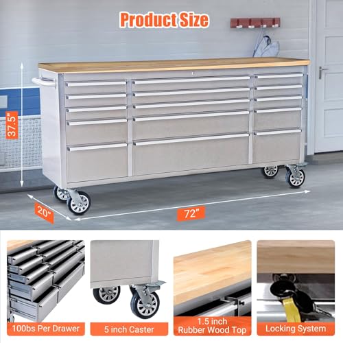 GarveeTech 72" Heavy-Duty Rolling Tool Chest & Workbench with 15 Drawers, Steel Rubber Wood Top on Wheels, Key Locking System, Drawer Liners for Garage Warehouse Repair Shop, Black Storage Cabinet. - Image 3
