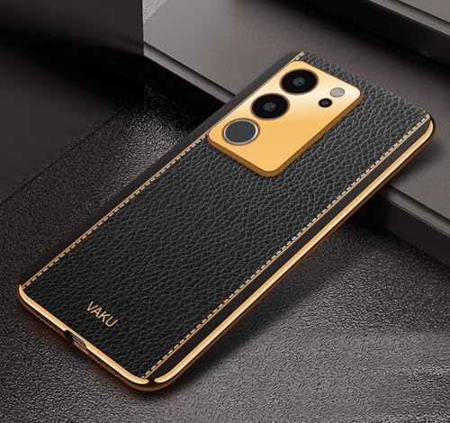 Image of Vaku Luxos Luxemberg Back Cover for Vivo V29 5G with Leather Pattern Gold Electroplated Soft TPU Cover Shockproof Protective Case- Black