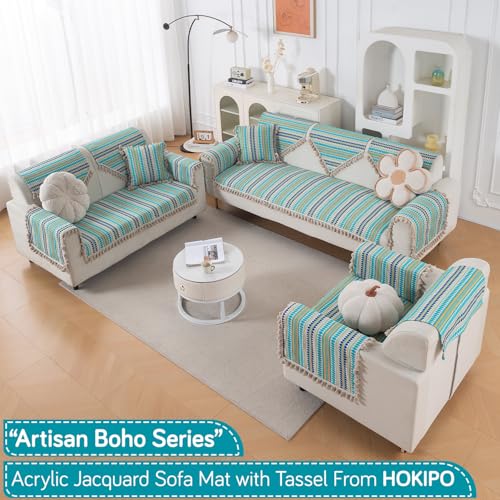 Image of HOKIPO 'Artisan Boho Series' Sofa Backrest Cover with Tassel | 450 GSM Thick Cotton Acrylic Jacquard Fabric Backrest Mat, Size 55x80 cm, Aqua Blue (IN-900-A4)