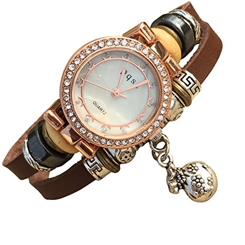 Women's Lady's Girl's Fashion Wrist Bracelet Watch with Genuine Leather Band Gift (Lucky Bag Charm)