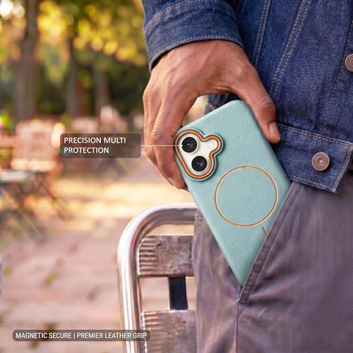 Image of amazon basics Luxury MagSafe Compatible Leather Texture Back Cover for iPhone 17 | Raised Camera Protection | Slim Fit Shockproof Case with Metallic Accents (Light Blue)