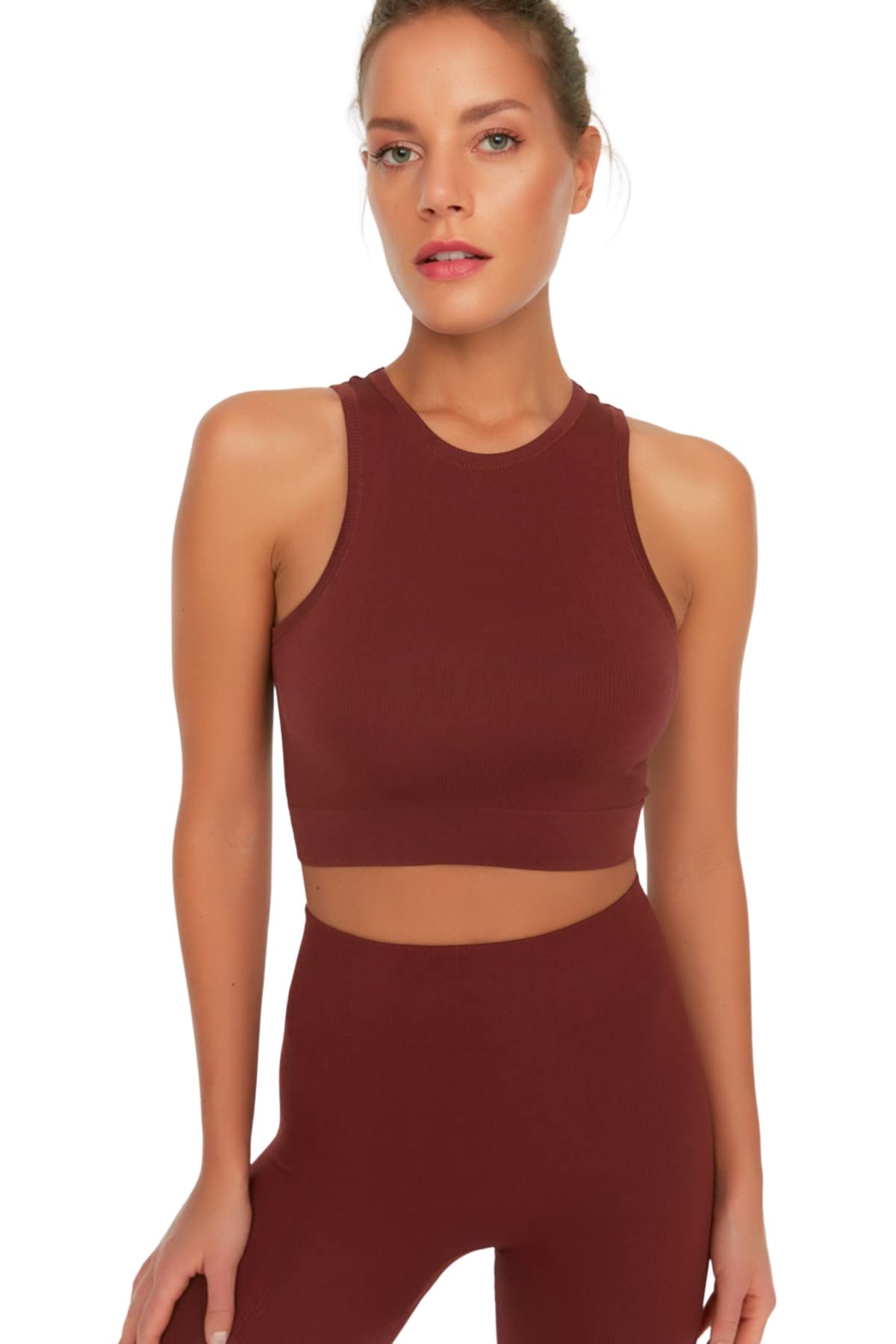 Trendyol Women's Sportswear Crop Halterneck Knit Sports Bra, Brown, M