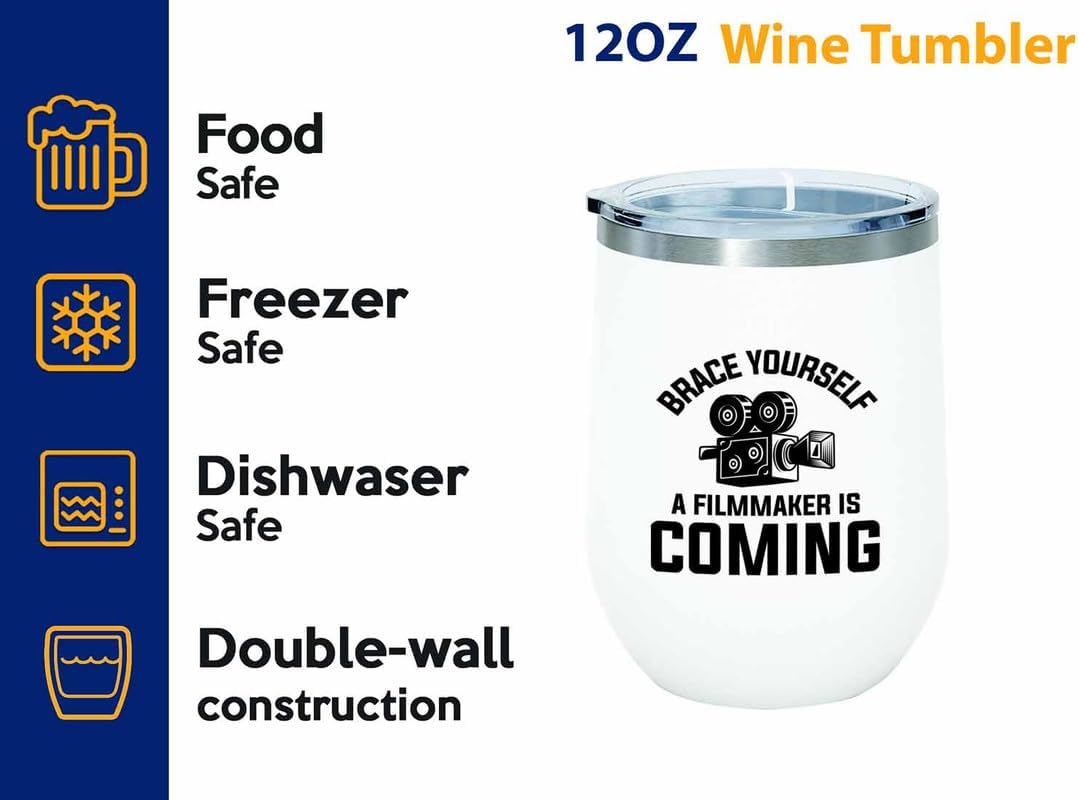 Filmmaker White Edition Wine Tumbler 12oz - Brace yourself a - Filmmaker Gifts Camera Lens Cut Prop Director Movie Film Scriptwriter