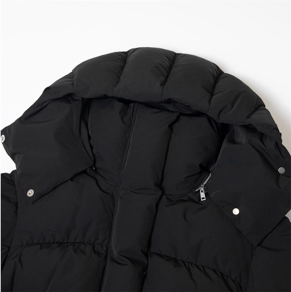 Winter Single Row Multi Button Hairless Collar Long Sleeve Loose Fit Dimensional Pleated Hooded Down Jacket