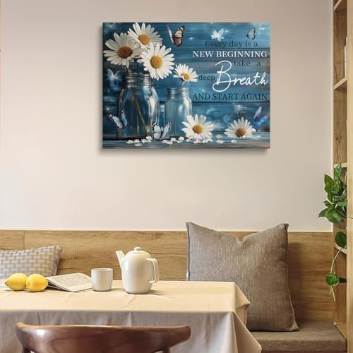 Canvas Wall Art Framed Daisy Butterfly Mason Jar Cottagecore Shabby Chic Vintage Botanical Textured Serene Calming Floral Blue Wall Decor for Bathroom Sunroom Positive Affirmation Decor 12x16 Inches by XKK - Image 6