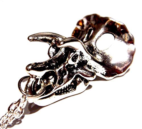Silvertone Triceratops Skull Pendant on 18" Chain Necklace Dinosaur Bones2