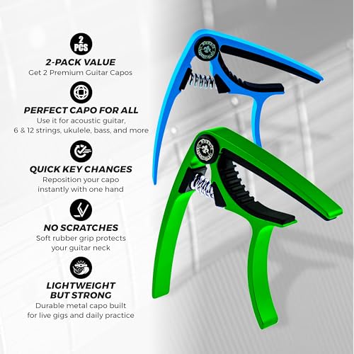 Image of Guitar Capo for Electric & Acoustic 6 String, 2 Pack | Fits Acoustic, Electric, 6 and 12 String Guitars Plus Banjo - Reliable Trigger Capo with Quick One-Hand Adjustment