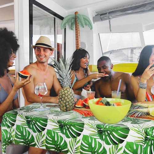 Image of Kochorie 100 Ft x 54 Inch Palm Leaves Tablecloth Roll with Cutting Box Hawaiian Luau Tablecloths Disposable Aloha Tropical Table Cover Backdrop for Hawaii Birthday Summer Beach Tropical Party Supplies
