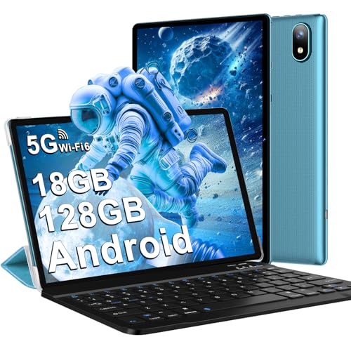 Tablette Android 14 avec 5G Wi-Fi 6, 18 Go RAM + 128 Go ROM(1 To Extensible), FHD Tablette Tactile avec Widevine L1, BT 5.0, 8 cœurs, 6000 mAh, 2 en 1 Tablette 10 Pouces avec Clavier et Souris, Bleu