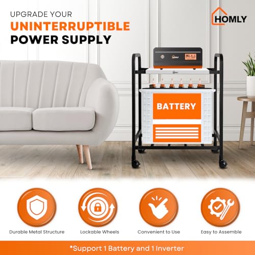 Image of Homly Uni Base Inverter Battery UPS Trolley Stand with 360 Rotating Lockable Wheels | Compact & Rust Resistant Inverter Stand for Home | Supports 1 Inverter & 1 Battery Upto 100 kg - Black & White