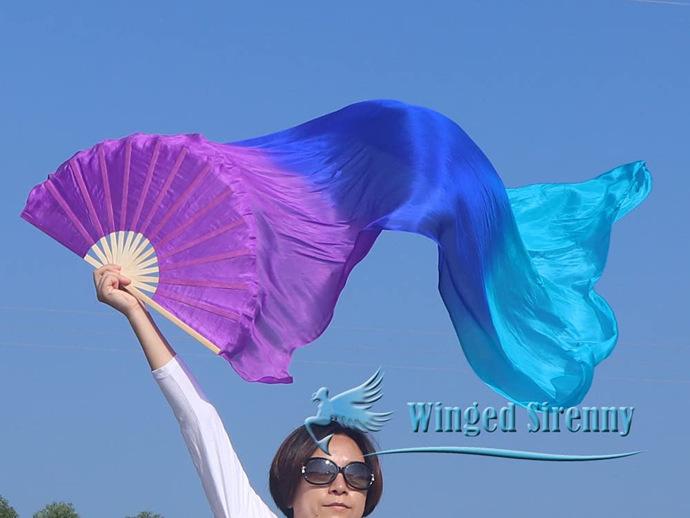 Winged Sirenny Abanicos Poi 150cm, Abanicos Velos Seda con Cuerdas de Poi, para Danza Tribal, Bellydance, Flow Arts, Remaches Tornillo Ajustables, Bolsa Transporte (púrpura-azul-turquesa)