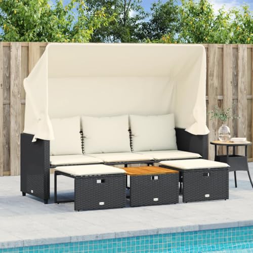 Homgoday Gartensofa, 3-Sitzer-Sofa, Baldachin und Hocker, schwarz, Polyrattan, Sofas für den Außenbereich, Bett, Sofa, für Terrasse im Freien, Möbel
