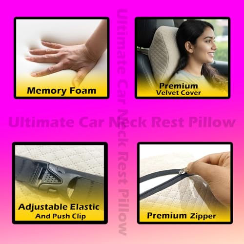 Image of Ultimate Car Neck Rest Pillow | Superior Neck Support Cushion | Relieves Neck Pain | Hi-Per Foam Head Rest Pillow for Comfortable Car Rides | with Washable Velvet Cover (Pack of 1)