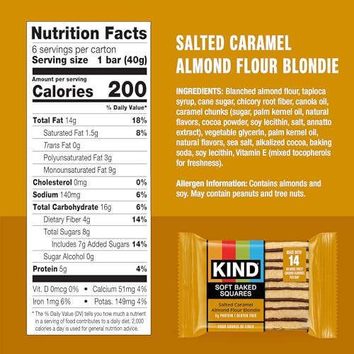 Image of KIND Soft Baked Squares, Salted Caramel Almond Flour Blondie, Gluten Free, Healthy Snack Bars, 5g Protein, 6 Count