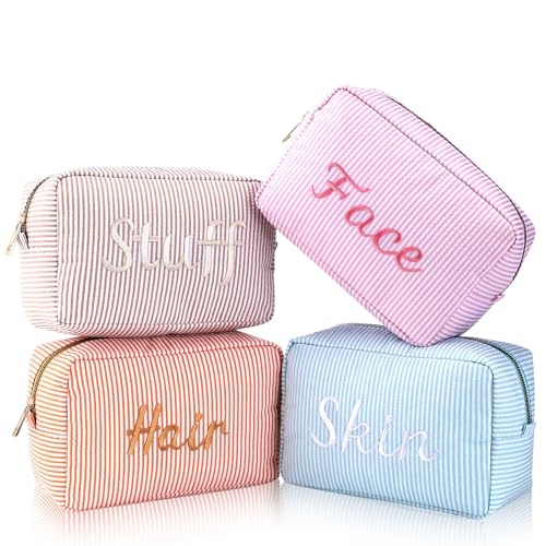 SilTriangle 4 Pcs Large Seersucker Cosmetic Bag for Women Embroidered Letters Preppy Makeup Bag with Zipper Aesthetic Striped Travel Toiletry Pouch for Cosmetics Brushes Skincare