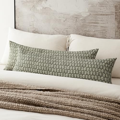 Image of Foindtower Set of 2 Decorative Long Body Lumbar Throw Pillow Covers Neutral Modern Farmhouse Cushion Covers Vintage Home Decor for Sofa Couch Chair Bedroom Living Room,14x36 Inch,Sage Green