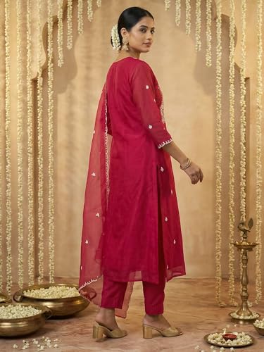 Image of INDO ERA Women's Silk Blend Floral Embroidered Thread Work Straight Kurta & Pant with Dupatta Set | Kurti Set