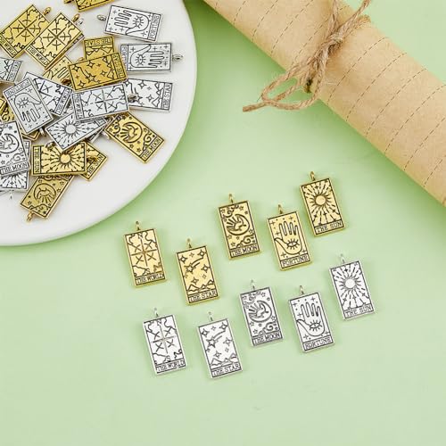 Dicosmetic 40pcs 5 Styles Tarot Card Charms Tibetan Style Alloy Pendants Golden and Silver Divination Rectangle Charms with Tarot Patterns Luck Amulet for DIY Jewelry Making Hole: 2mm - Image 4
