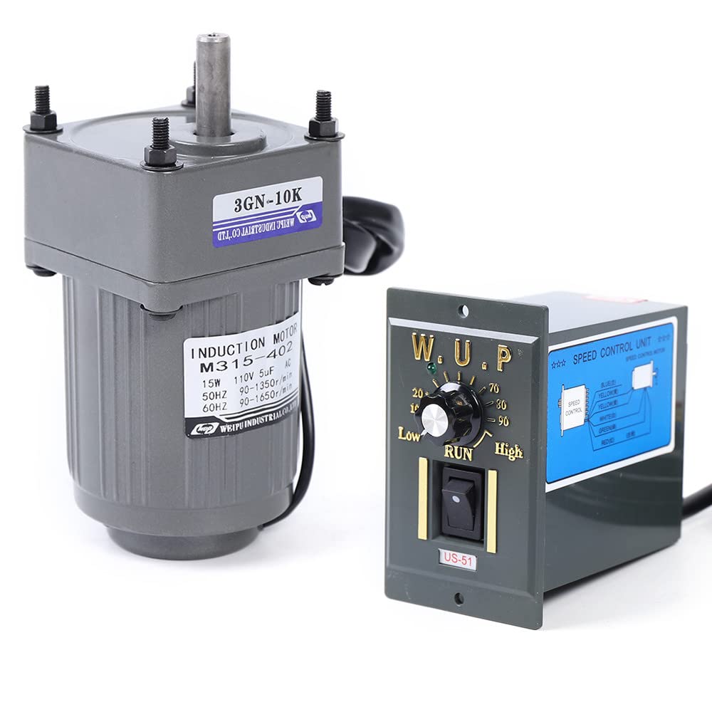 Eapmic110V AC Gear Motor with Speed Controller, Variable Speed Gear Motor Single-Phase High Torque Adjustable Gear Reduction Motor 0-125RPM 15W 10K(Reduction Ratio 1:10)