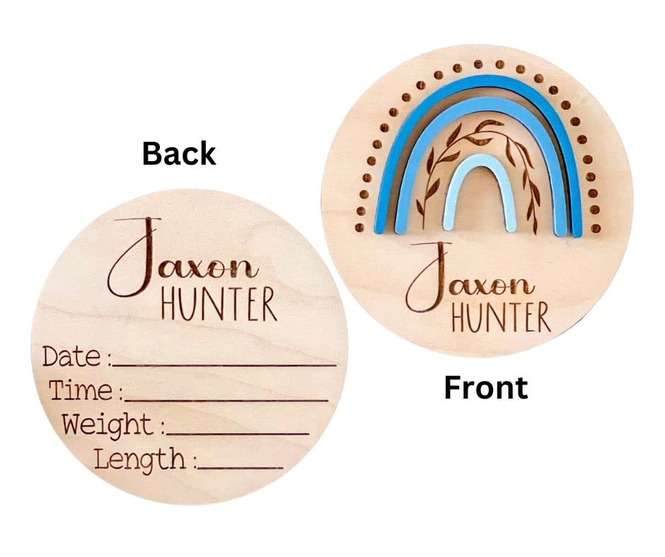 Personalized Birth Announcement Sign for Hospital - Double Sided - Wooden Newborn Announcement Sign - Name Baby Announcement Rainbow Sign Customized for Baby Boy