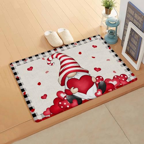 Valentine's Day Kitchen Bath Door Mat Cushioned Runner Rug,Washable Welcome Floor Sink Antifatigue Mat,Waterproof & Non-Slip Comfort Standing Doormat,Black Plaid Gnomes Red Love Heart 18
