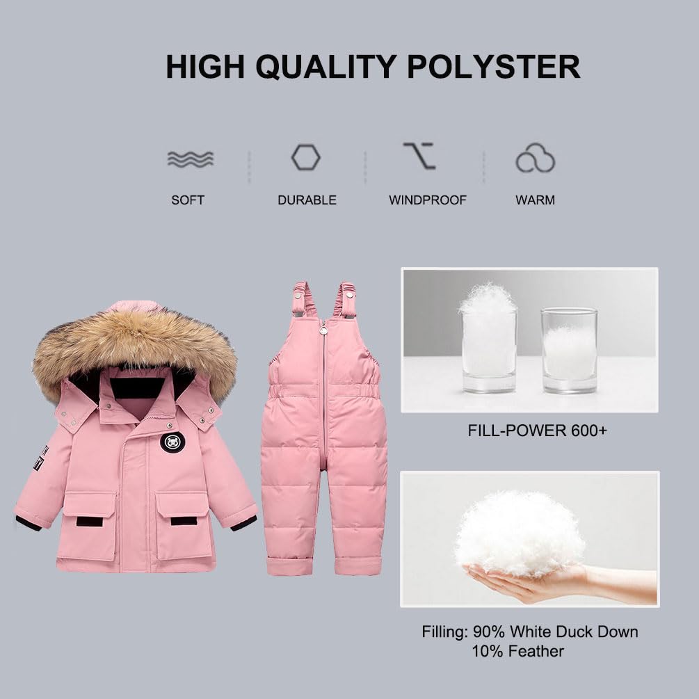 Tuta da Neve 2 Pezzi da Bambini Ragazzi Capppotto in Piuma con Cappuccio Pellicia + Salopette da Neve Bambina Giacca Invernale Impermeabile