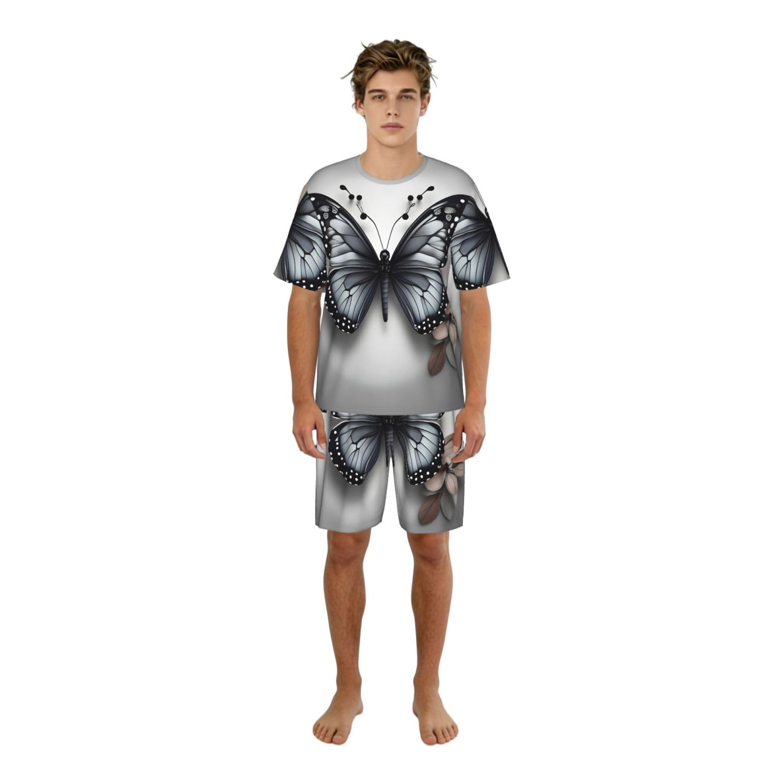 Conjunto de pijama clásico para hombre con estampado de mariposas y flores grises, pantalones cortos de pijama suaves para hombre, perfecto para las noches de verano
