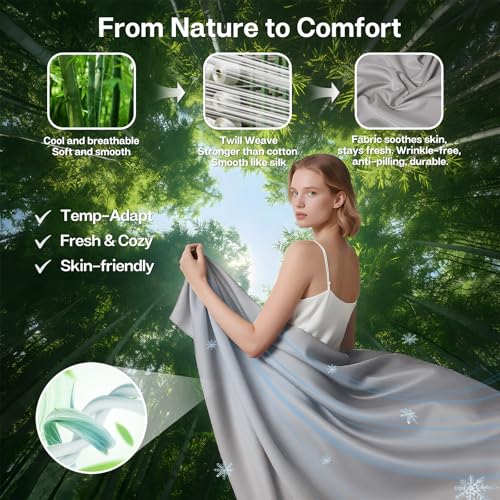 MR&HM Twin Sheets Set, 3-Piece Cooling Sheets, Rayon Derived from Bamboo & Polyester Blend, Soft & Silky, 15" Deep Pockets with Elastic Straps, Hotel Luxury for Hot Sleepers, Silver Grey