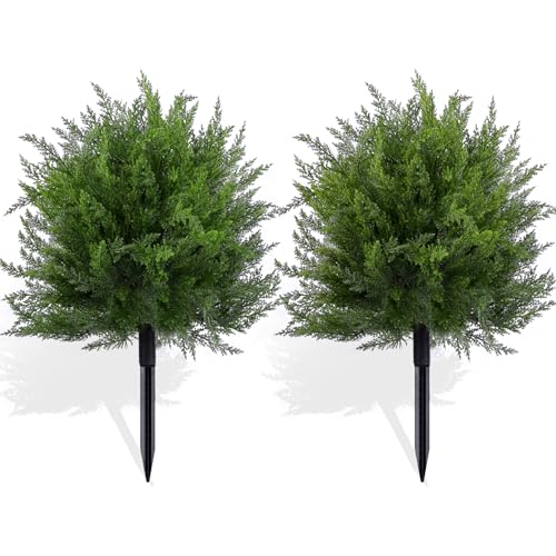 FAJUNZH 24'' Artificial Cedar Topiary Ball Trees with Ground Spike, UV Resistant Fake Bushes, Set of 2 Faux Cypress Fake Plants Faux Shrubs for Outdoor Indoor Front Porch Garden Decor
