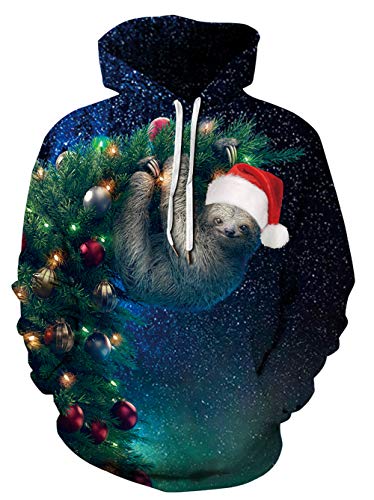HUASON Unisex Felpa con Cappuccio Stampa 3D Renne di Natale e Pupazzo di Neve, Pullover Natalizio novità Felpe Primavera e Autunno per Uomo e Donna(S)