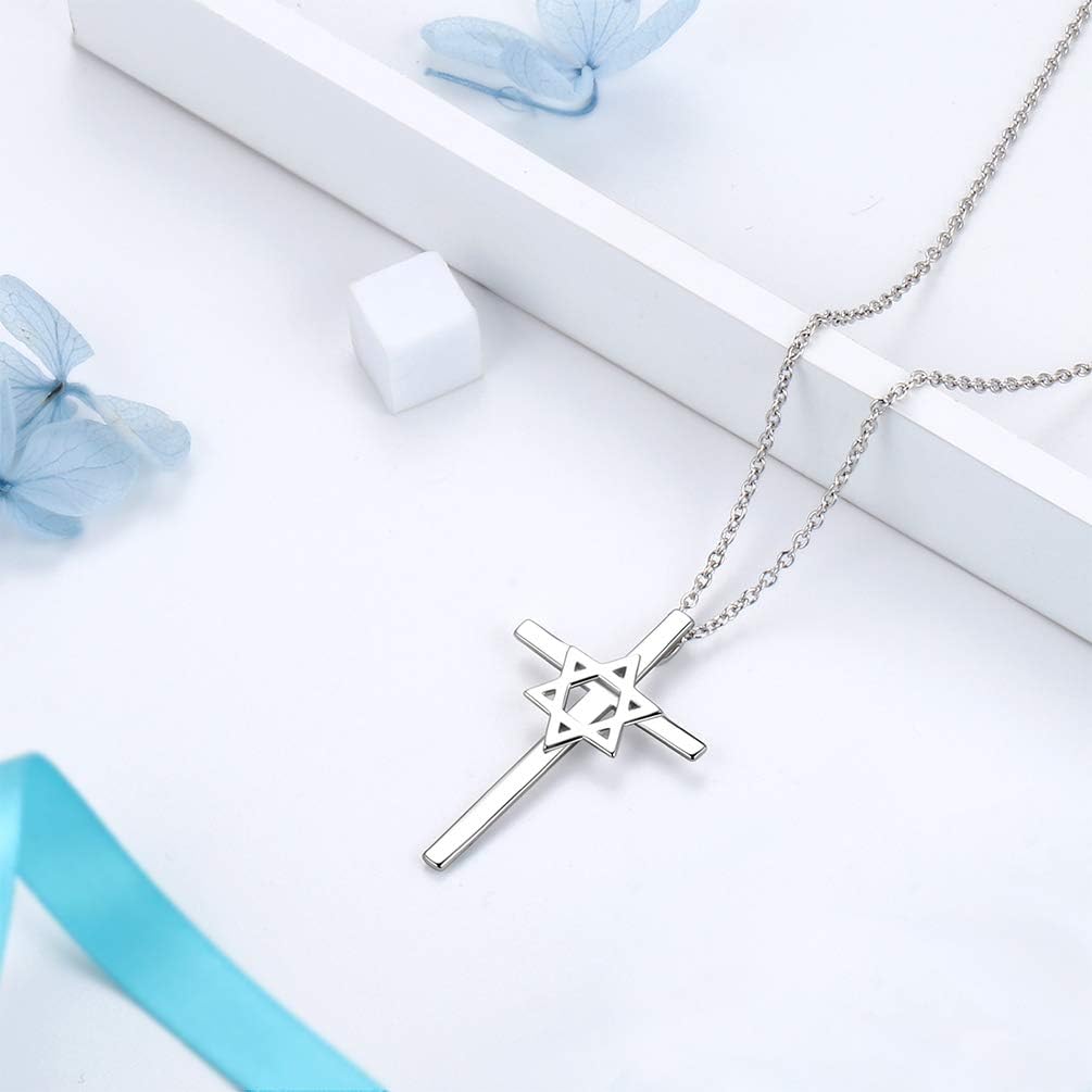 Jewmon 925 Sterling Silver Star of David Cross Necklace for Women Men Jewish Magen David Star Pendant Necklace Israel Judaica Jewelry Gift for Bat Mitzvah Hannukkah Birthday Gift for Women Mom Wife