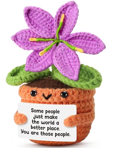 Positive Pocket Purple Lily Flower Doll Funny Emotional Support Knitted Purple Lily Flower Toy with Positive Card Woolen Crochet Cheer Up Graduation Gift Encouragement for Friends