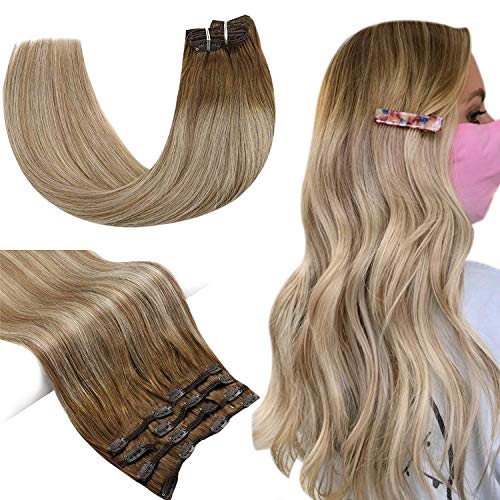 JoYoung Balayage Clip in Human Hair Extensions Medium Brown Mix Platinum Blonde Human Hair Extensions Clip in 16inch 120G 7Pcs Clip Hair Extensions
