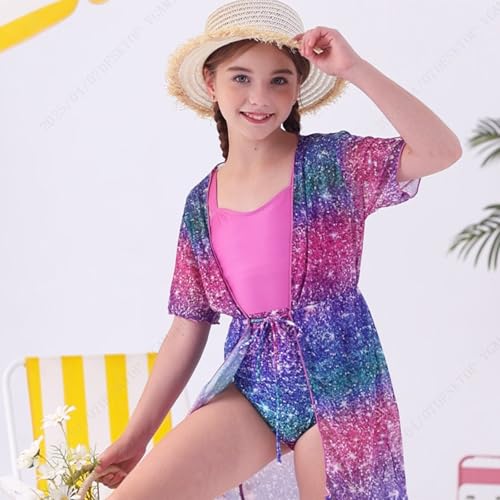 Image of Funnycokid Girls Bathing Suit 1 Piece Swimsuit Glitter Print Cover up 8 9 Years Kid Purple Pink Size 8-9